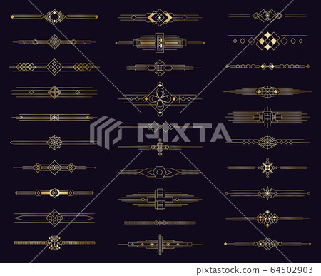 Art deco gold divider. Modern golden elegant border, decorative antique ornament. Vintage arabic geometric dividers isolated icons elements set Art deco gold divider. Modern golden elegant border, decorative antique ornament. Vintage arabic geometric dividers isolated icons elements set 64502903