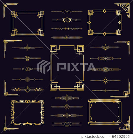 Art deco border frames. Vintage arabic golden elegant frames, modern gold antique decorative ornament isolated icons set 64502905