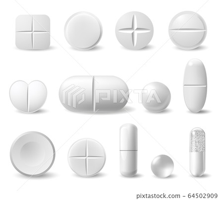 Realistic white medicine pills. Pharmaceutical painkiller drugs, antibiotics, vitamins capsule. Chemical healthcare treatment vector icons set Realistic white medicine pills. Pharmaceutical painkiller drugs, antibiotics, vitamins capsule. Chemical healthcare treatment vector icons set 64502909