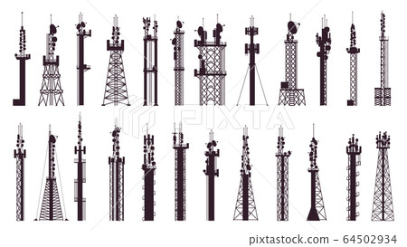 Communication tower antenna. Broadcast technology TV, radio signal station. Wireless cellular tower vector illustration icons set 64502934