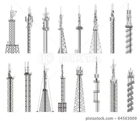 Communicating wireless antenna. Radio cell tower, wireless city antenna. Communications antenna signal station isolated vector icons set 64503009