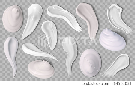 Realistic face cream. Skin creme swatches, creamy swatching of moisturizer and shaving foam. Hygienic creme smears vector icons set 64503031