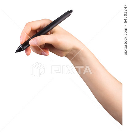 Hand holding digital graphic pen and drawing something isolated on white 64503247