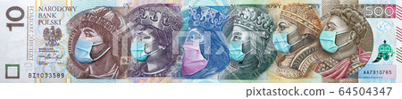 All Polish banknotes with face mask against infection. Coronavirus hit Polish economy causing recession and bankruptcy of thousands of companies. National Bank of Poland prints billions zlotych. Covid 64504347