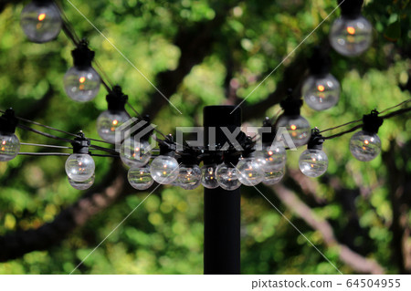 Vintage light bulb hanging on a cable decorated for a festival in the park 64504955
