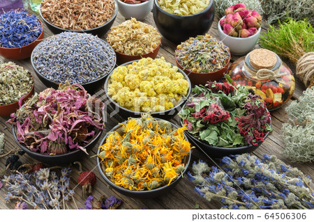 Bowls of dry healthy medicinal herbs. 64506306