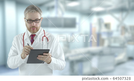 Doctor fills out checklist form on the tablet PC in modern hospital Doctor fills out checklist form on the tablet PC in modern hospital 64507328