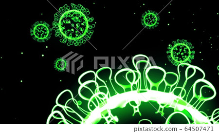 green glowing holographic image of coronavirus like covid-19 virus or influenza virus flies in air or isolated on black background. 3D rendering for informational presentation. 64507471