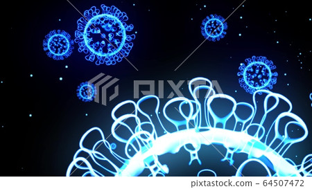 blue glowing holographic image of coronavirus like covid-19 virus or influenza virus flies in air or isolated on black background. 3D rendering for informational presentation. 64507472