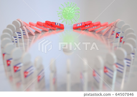 Virus topples dominoes with flag of Cuba. Coronavirus spread related conceptual 3D rendering Virus topples dominoes with flag of Cuba. Coronavirus spread related conceptual 3D rendering 64507846