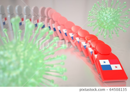 Viruses and falling dominoes with flag of Panama. Coronavirus spread conceptual 3D rendering Viruses and falling dominoes with flag of Panama. Coronavirus spread conceptual 3D rendering 64508135