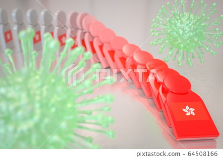 Viruses and falling dominoes with flag of Hong Kong. Coronavirus spread conceptual 3D rendering 64508166