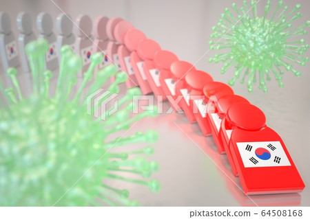 Viruses and falling dominoes with flag of South Korea. Coronavirus spread conceptual 3D rendering 64508168