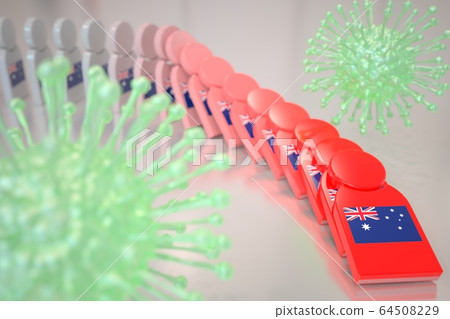 Viruses and falling dominoes with flag of Australia. Coronavirus spread conceptual 3D rendering 64508229