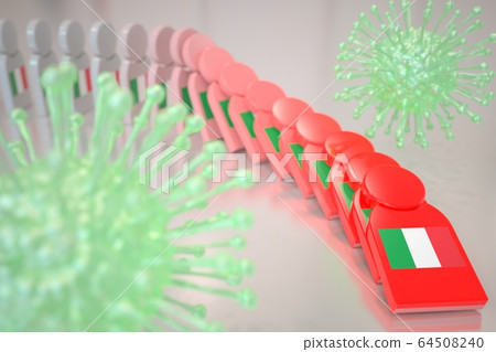Viruses and falling dominoes with flag of Italy. Coronavirus spread conceptual 3D rendering 64508240