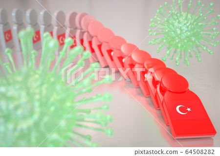 Chain of falling tiles with flag of Turkey, domino effect. COVID-19 pandemic conceptual 3D rendering 64508282