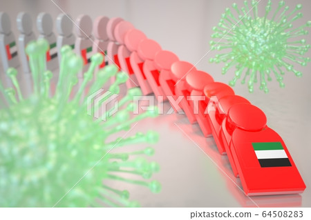 Viruses and falling dominoes with flag of the United Arab Emirates UAE. Coronavirus spread conceptual 3D rendering 64508283