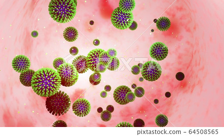 3d model of coronovirus like covid-19 on mucous membrane. Microbiological background, 3d render of virus. 64508565
