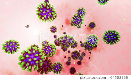 3d model of coronovirus like covid-19 on mucous membrane. Microbiological background, 3d render of virus. 3d model of coronovirus like covid-19 on mucous membrane. Microbiological background, 3d render of virus. 64508566