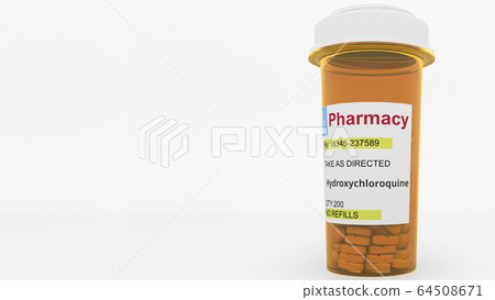 Prescription pharmacy bottle with hydroxychloroquine generic drug pills as a possible COVID-19 disease treatment. 3D rendering 64508671