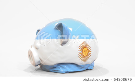 Deflating inflatable piggy bank with printed flag of Argentina. Argentinean financial crisis related conceptual 3D rendering Deflating inflatable piggy bank with printed flag of Argentina. Argentinean financial crisis related conceptual 3D rendering 64508679