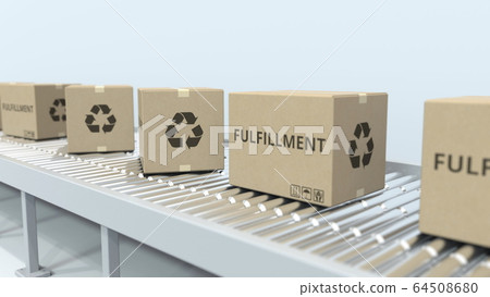 Many cartons with FULFILLMENT text move on roller conveyor. E-commerce logistics related 3D rendering Many cartons with FULFILLMENT text move on roller conveyor. E-commerce logistics related 3D rendering 64508680