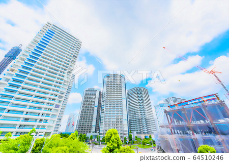 High-rise condominium and construction site in Yokohama, anime style 64510246