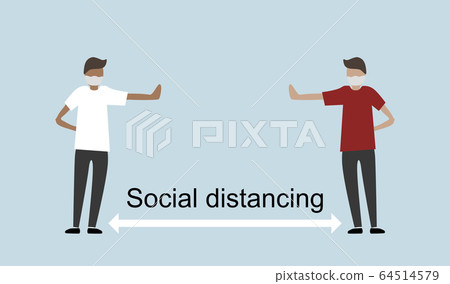 Social distancing. Miniature people stay apart to reduce Covid 19 virus infection.  64514579