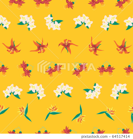 Seamless tropical flower summer vector pattern yellow. Exotic flowers background. Illustration of 64517414