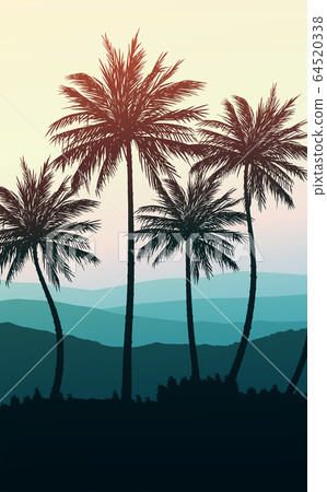 Natural Coconut trees. Mountains horizon hills. Silhouettes of palm trees and hills. Sunrise and sunset. Landscape wallpaper. Illustration vector style. Colorful view background. 64520338