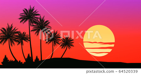 Natural Coconut trees. Mountains horizon hills. Silhouettes of palm trees and hills. Sunrise and sunset. Landscape wallpaper. Illustration vector style. Colorful view background. Natural Coconut trees. Mountains horizon hills. Silhouettes of palm trees and hills. Sunrise and sunset. Landscape wallpaper. Illustration vector style. Colorful view background. 64520339