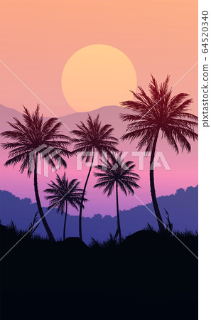 Natural Coconut trees. Mountains horizon hills. Silhouettes of palm trees and hills. Sunrise and sunset. Landscape wallpaper. Illustration vector style. Colorful view background. 64520340