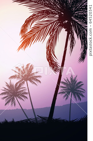 Natural Coconut trees. Mountains horizon hills. Silhouettes of palm trees and hills. Sunrise and sunset. Landscape wallpaper. Illustration vector style. Colorful view background. 64520341