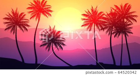 Natural Coconut trees. Mountains horizon hills. Silhouettes of palm trees and hills. Sunrise and sunset. Landscape wallpaper. Illustration vector style. Colorful view background. 64520342