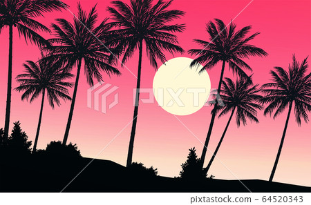 Natural Coconut trees. Mountains horizon hills. Silhouettes of palm trees and hills. Sunrise and sunset. Landscape wallpaper. Illustration vector style. Colorful view background. 64520343
