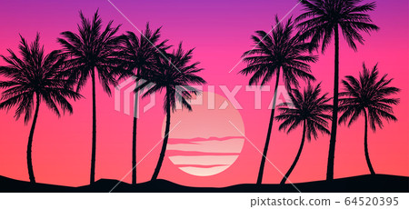 Natural Coconut trees. Mountains horizon hills. Silhouettes of palm trees and hills. Sunrise and sunset. Landscape wallpaper. Illustration vector style. Colorful view background. Natural Coconut trees. Mountains horizon hills. Silhouettes of palm trees and hills. Sunrise and sunset. Landscape wallpaper. Illustration vector style. Colorful view background. 64520395