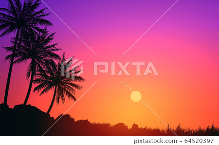 Natural Coconut trees. Mountains horizon hills. Silhouettes of palm trees and hills. Sunrise and sunset. Landscape wallpaper. Illustration vector style. Colorful view background. 64520397