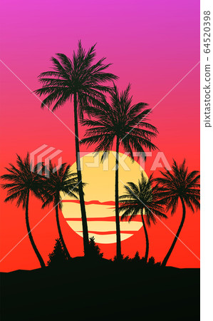 Natural Coconut trees. Mountains horizon hills. Silhouettes of palm trees and hills. Sunrise and sunset. Landscape wallpaper. Illustration vector style. Colorful view background. 64520398