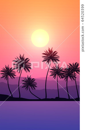 Natural Coconut trees. Mountains horizon hills. Silhouettes of palm trees and hills. Sunrise and sunset. Landscape wallpaper. Illustration vector style. Colorful view background. 64520399