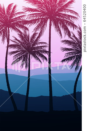 Natural Coconut trees. Mountains horizon hills. Silhouettes of palm trees and hills. Sunrise and sunset. Landscape wallpaper. Illustration vector style. Colorful view background. 64520400