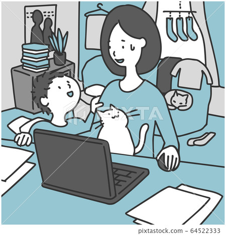 做父母的女人（孩子，貓）在雜亂的房間裡在家工作 64522333