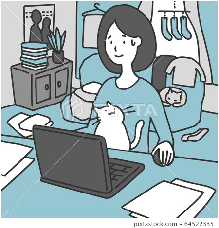 A woman working from home in a messy room 64522335