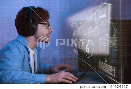 Hacker attack and data breach, cyber background 64524327