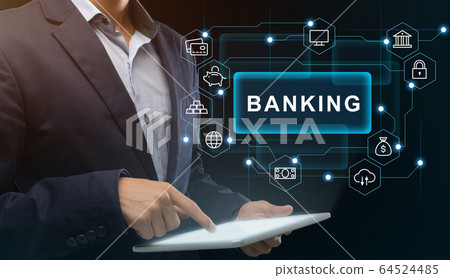 Financier with tablet making online payment through electronic banking system. Collage with finance icons 64524485