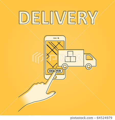 Online delivery. Illustration with truck emerging from mobile phone and hand pushing button, orange background 64524979