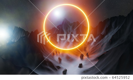 Abstract background of mountains and orange neon circle Abstract background of mountains and orange neon circle 64525952