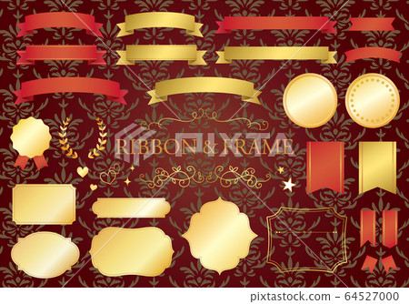 Set of medals, ribbons and decorative lines, damask pattern background Set of medals, ribbons and decorative lines, damask pattern background 64527000