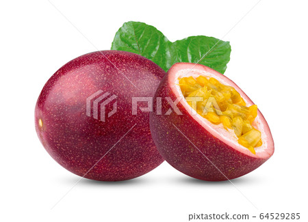 Passion fruit with leaf isolated on the white background. full depth of field 64529285