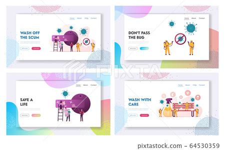 Characters Cleaning Room from Contagious Covid19 Cells Landing Page Template Set. People in Protective Suit and Mask Spraying Disinfectant to Stop Coronavirus Pandemic. Cartoon Vector Illustration Characters Cleaning Room from Contagious Covid19 Cells Landing Page Template Set. People in Protective Suit and Mask Spraying Disinfectant to Stop Coronavirus Pandemic. Cartoon Vector Illustration 64530359