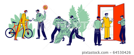 Quarantine Control Concept. Characters Violate Curfew or Self Isolation Regime, Policemen Arrest Person in Costume of Tree, Bicyclist in Park and Cheking Quarantined People. Linear Vector Illustration Quarantine Control Concept. Characters Violate Curfew or Self Isolation Regime, Policemen Arrest Person in Costume of Tree, Bicyclist in Park and Cheking Quarantined People. Linear Vector Illustration 64530426